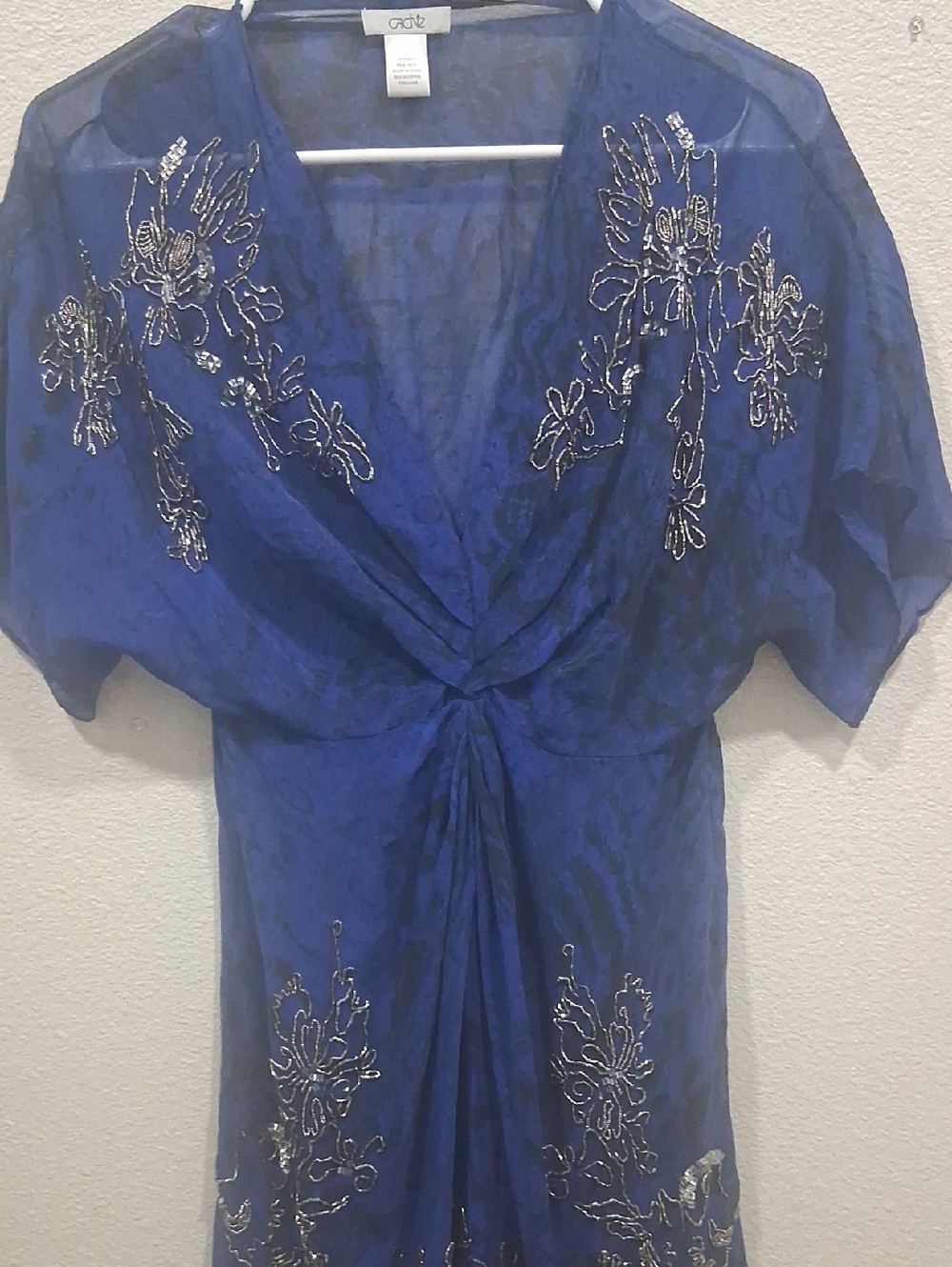 Cache Royal Blue Beaded V-Neck Tunic 100 % Silk
